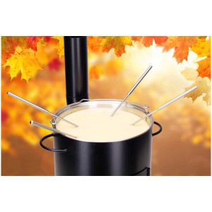 Schwarzer Fondue- und Grillofen OpenAir mit Edelstahlkessel und Fonduegabeln.