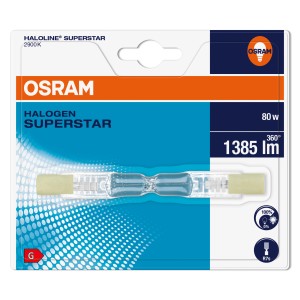 Lampe halogène Osram R7s 80W dans son emballage, blanc chaud, pour lampes halogènes haute tension.