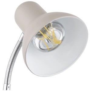 Sandfarbene Globo LED-Tischleuchte aus Metall mit Chrom-Flexarm. Detail des Schirms und des E27 LED-Leuchtmittels.