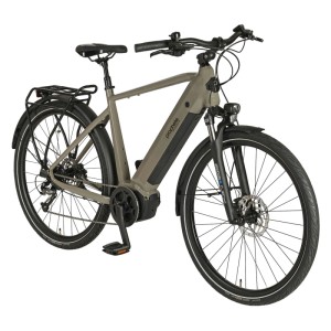 Vélo de trekking bleu Prophete Entdecker 3.0 pour homme avec moteur central AEG et porte-bagages.