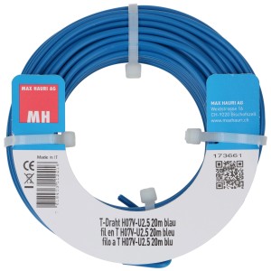 Fil T bleu H07V-U, 2,5 mm², rouleau de 20 m pour installations électriques.