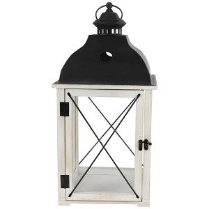 Lanterne décorative en bois blanc Solano taille L (49x24,5cm) avec toit en métal noir pour un éclairage d'ambiance.
