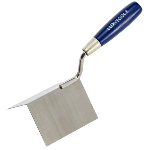 Cazzuola angolare esterna LUX Classic in acciaio inox, 80x60mm, con manico in legno blu.
