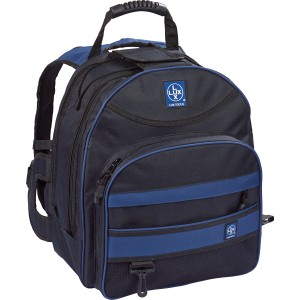 Zaino porta attrezzi LUX in nylon nero con dettagli blu e maniglia.