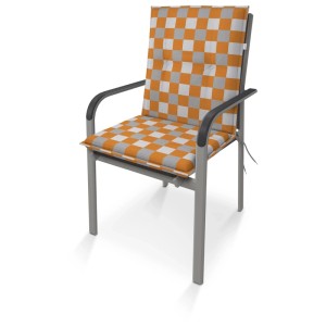Cuscino Doppler a schienale basso a scacchi Living D.4902, 48x100 cm, arancio/grigio su sedia da giardino.