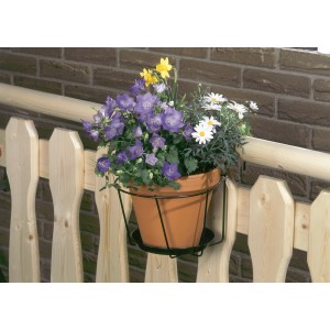 Support de pot anthracite (Ø 18 cm) avec pot planté sur clôture en bois.