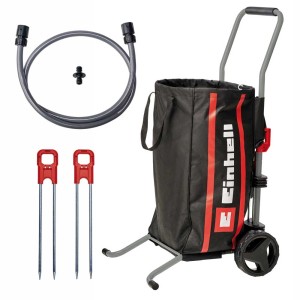 Carrello di trasporto Einhell per avvolgitubo a batteria con accessori come tubo, picchetti e sacco da giardino.