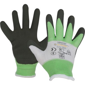 Guanti da lavoro per bambini LUX ThinkGreen taglia 4-6, guanti da lavoro verdi/neri in PET riciclato.
