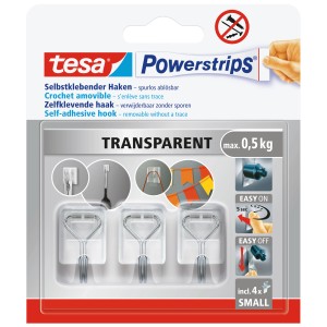 Tesa Powerstrips ganci trasparenti, set da 3, autoadesivi e rimovibili senza tracce.
