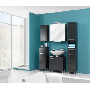 Armoire de toilette Pelipal 311 anthracite, 68 cm de large, avec trois portes miroir et éclairage LED dans la salle de bain.