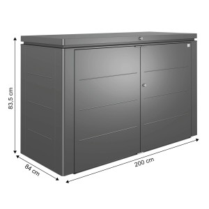 Box da giardino Biohort High Board 200 in grigio scuro metallizzato, dimensioni 127x200x84 cm.