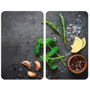Lot de 2 plaques de recouvrement en verre Wenko herbes aromatiques avec herbes, ail, citron et épices.