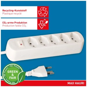 Weisse Max Hauri Steckdosenleiste Basic Line mit 5 Typ 13 Steckdosen, rotem Schalter und 1,5 m Kabel.