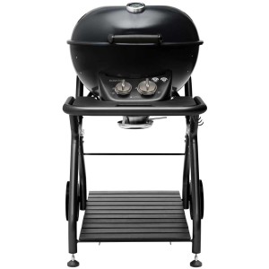 Barbecue a gas sferico Outdoorchef Ascona 570 G All Black, montato, con sistema a 2 bruciatori e cerniera del coperchio.