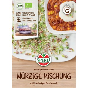 Sperli Bio Semi Germogli Piccanti: Germogli, confezione e piatto di chili nell'immagine.