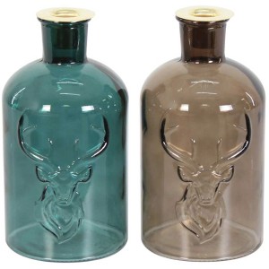 Bougeoir bouteille avec cerf, hauteur 20 cm, en vert et marron.