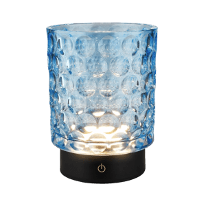 Lampe de table LED à batterie Brilo Sunora en verre bleu, dimmable tactile.