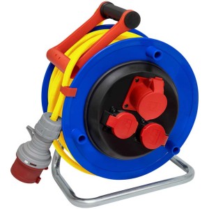 Brennenstuhl BAT CEE enrouleur de câble ST 290 avec 33 m de câble jaune, bobine bleue et fiche rouge.