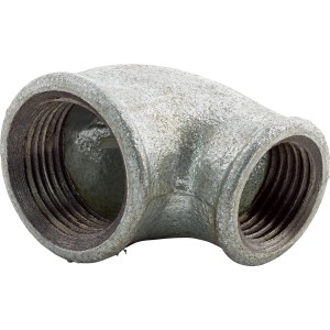 Raccordo a 90 gradi in ghisa malleabile con filettatura interna 24,1/18,6 mm (Rp 3/4/Rp 1/2) per il collegamento di tubi zincati.
