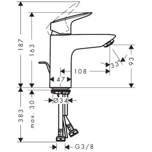 Disegno tecnico del miscelatore per lavabo Hansgrohe Logis 100 con dimensioni.