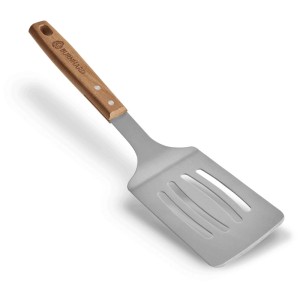 Girarrosto Burnhard in acciaio inox con manico in legno di acacia, parte del set BBQ da 4 pezzi.