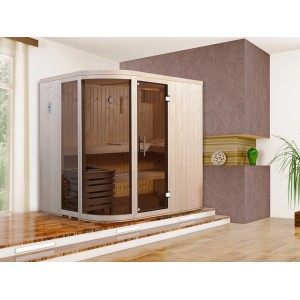 Weka Sauna Sara 1 Set avec façade en verre arrondie et poêle dans la pièce.