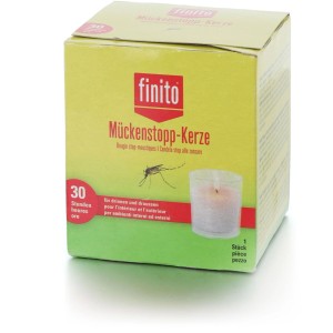 Bougie anti-moustiques Finito blanche, en verre, sur emballage jaune-vert. Durée 30h, pour intérieur et extérieur.