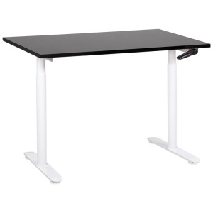 Bureau Beliani Destinas réglable en hauteur, plateau noir, cadre en acier blanc avec manivelle.