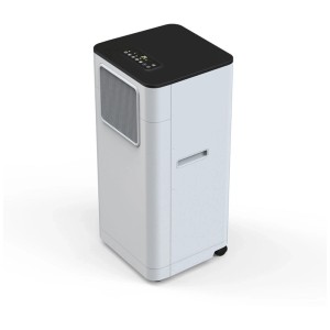 Climatizzatore mobile Kibernetik KL90 bianco. Unità compatta con pannello di controllo nero, griglia e ruote.