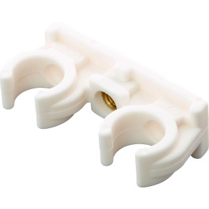Clip doppio per tubi Ø 15 mm, set da 10, in plastica con manicotto filettato per fissare due tubi.