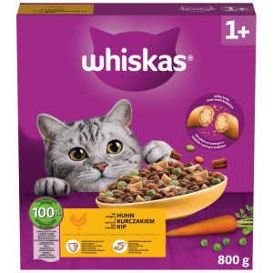 Whiskas Katzen-Trockenfutter Huhn 800g Packung. Katze blickt auf Schale mit knusprigen Kroketten und Karotte.