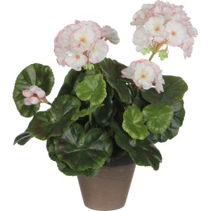 Geranio artificiale decorativo bianco-rosa in vaso. Aspetto naturale per interni.