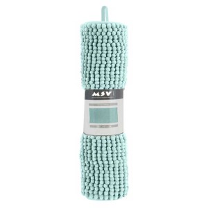 Tappeto bagno MSV Chenille verde pastello, 40x60 cm, arrotolato con etichetta.