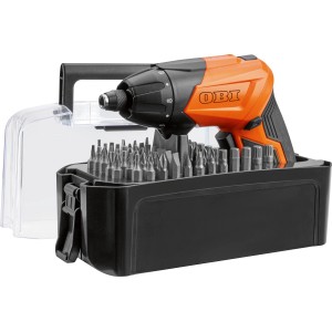 Visseuse sans fil OBI 3,6V avec jeu de 56 embouts dans une mallette de transport.