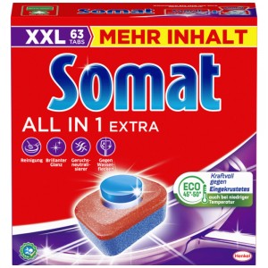 Somat All in 1 tabs per lavastoviglie, confezione risparmio da 63 pezzi per la pulizia dei piatti.