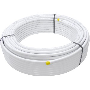 Tuyau multicouche de 25 m (Ø 16 mm) en plastique et aluminium sur rouleau.