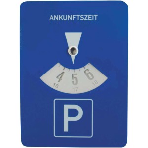 Selbstklebende Parkscheibe, 15,5x11cm, blaue Außenausstattung zur Ankunftszeit-Einstellung.