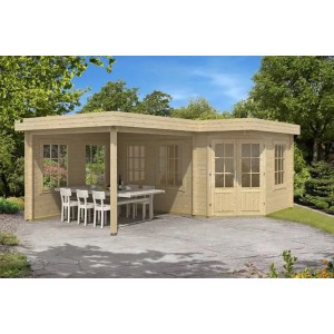 Casetta da giardino a 5 lati Pepe non trattata con tetto piatto e terrazza coperta. Casette da giardino in legno con doppia porta.