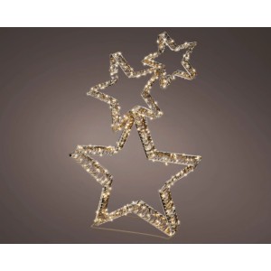 Cornice a stella LED Lumineo dorata con tre stelle di diverse dimensioni illuminate a luce bianca calda per esterni.