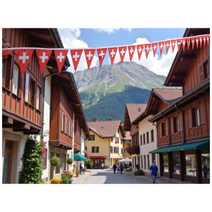 Guirlande de fanions suisse festive (rouge-blanc) décorant une ruelle pittoresque avec fond de montagne.