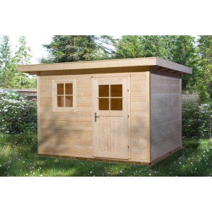 Abri de jardin en bois Weka non traité avec toit plat, porte et fenêtre. Idéal pour le rangement dans le jardin.