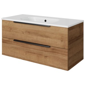 Meuble sous-vasque Pelipal Quantum 07, Chêne Riviera, largeur 100 cm, avec 2 tiroirs et poignées noires.