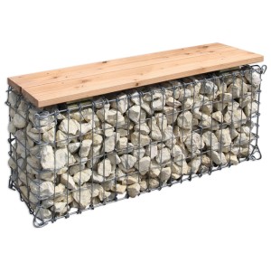 Banc de jardin en gabion 100x46x30 cm avec plateau en bois, rempli de pierres claires.