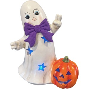 Fantasma LED con zucca: figura decorativa di Halloween con cambio colore e timer, altezza 23 cm.