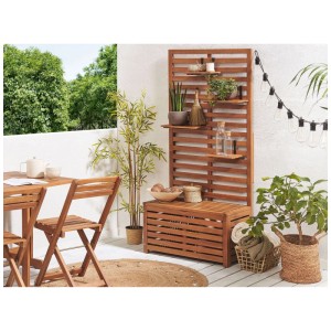 Panca da giardino Matino in legno di acacia marrone con contenitore e mensola a muro.