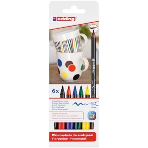 Set de 6 marqueurs à pinceau pour porcelaine Edding 4200 Basic avec exemples de couleurs et tasses peintes.