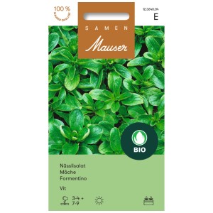 Sachet de graines Nüsslisalat Vit : Mâche à feuilles rondes vert foncé pour le jardin.
