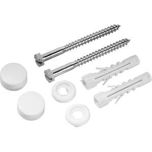 Set di fissaggio WC con viti, tasselli e coperture bianche per WC a pavimento.