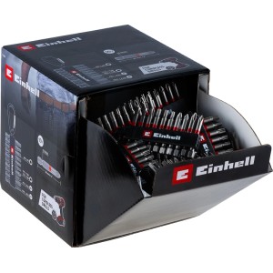 Set di bit Einhell 10 pz in acciaio S2 con moschettone in espositore nero per trapani avvitatori.