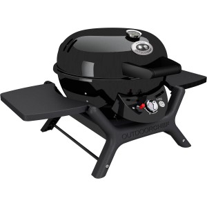 Outdoorchef Minichef 420 G grill a gas, Ø 39,5 cm, nero, con ripiani laterali e termometro sul coperchio.